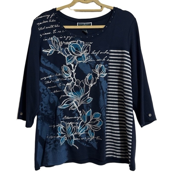 Karen Scott Top Womens 1X Plus Navy Multi Floral Graphic 3/4 Sleeve Striped - Picture 1 of 4